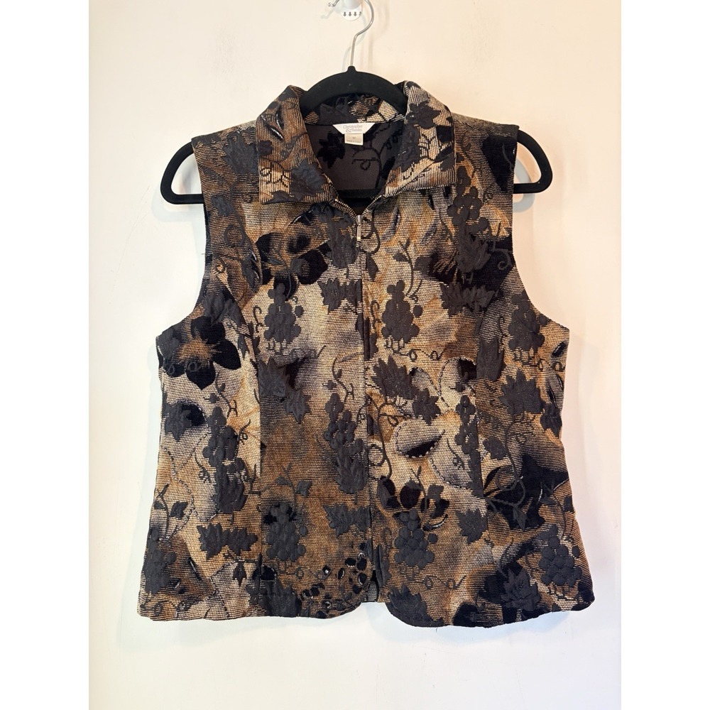 Vintage Christopher & Banks Tapestry Vest Floral Zip Front‎ Brown M Boho Artsy